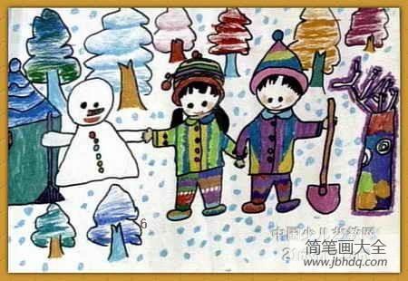 关于冬天的儿童画-我和雪人是好朋友