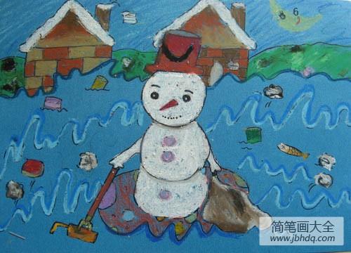 冬天的儿童画-雪人扫垃圾