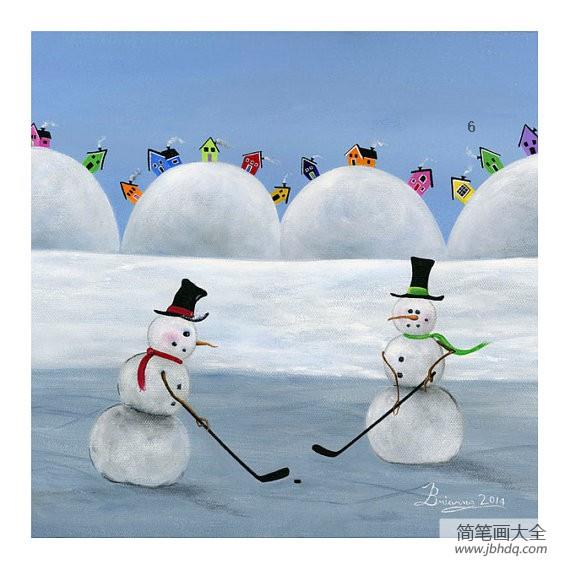 打高尔夫的雪人儿童画冬天的一幅画作品欣赏