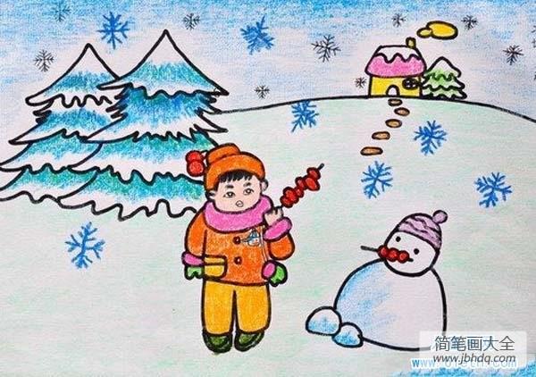 小学儿童蜡笔画获奖作品：冬天里的雪人