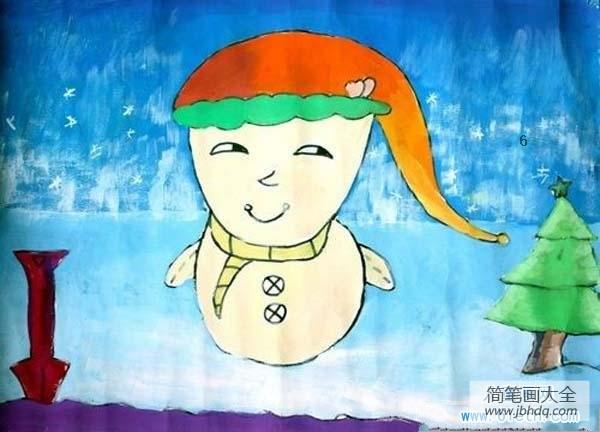 幼儿关于雪人儿童画图片：戴圣诞帽的雪人