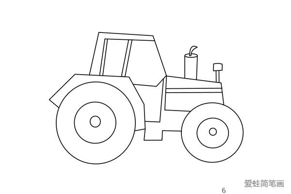 7.最后一步是细节的完善，画出拖拉机的车窗线条及车声的装饰线条，这样我们简单的拖拉机简笔画就完成了。