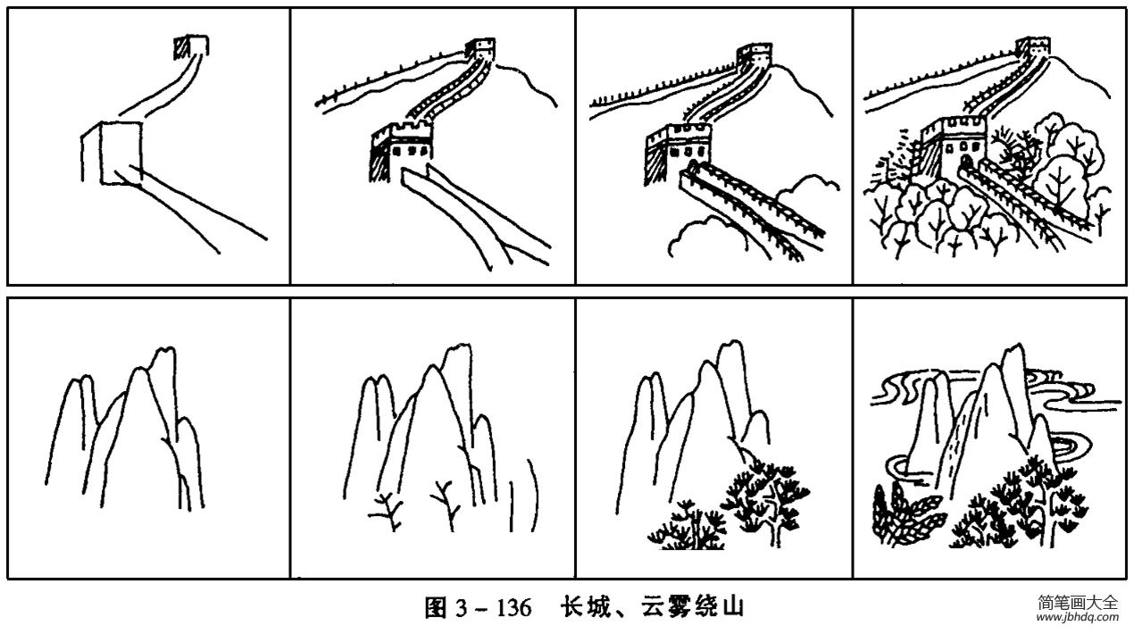 画长城及山峰的简笔画图片